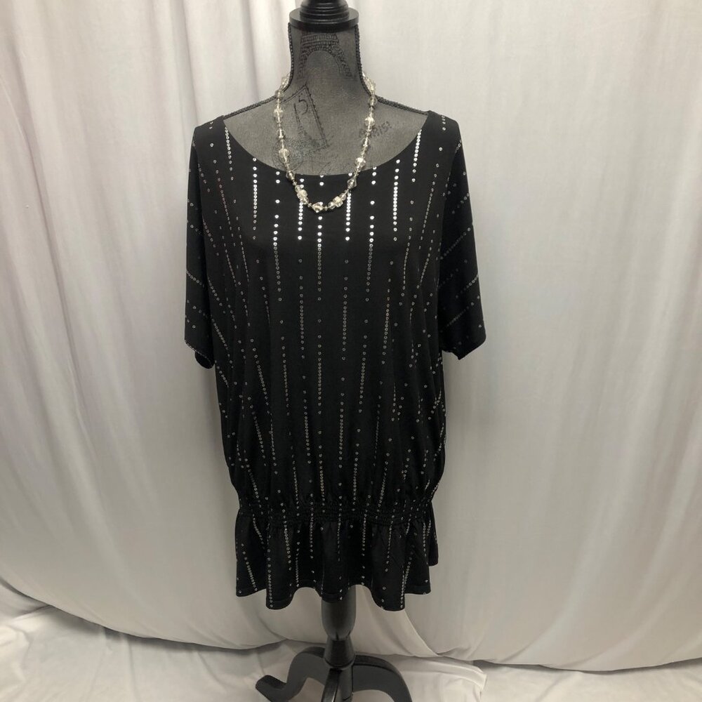 Fashion Bug Top Womens Sz 2X Black Silver Dot Elastic Waist Stretch Short Sleeve